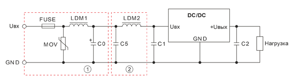 Рис. 5. Схема включения преобразователя серии K78Lxx-1000R3 в соответствии с требованиями ЭМС и с дополнительной защитой от импульсов амплитудой до 1 кВ